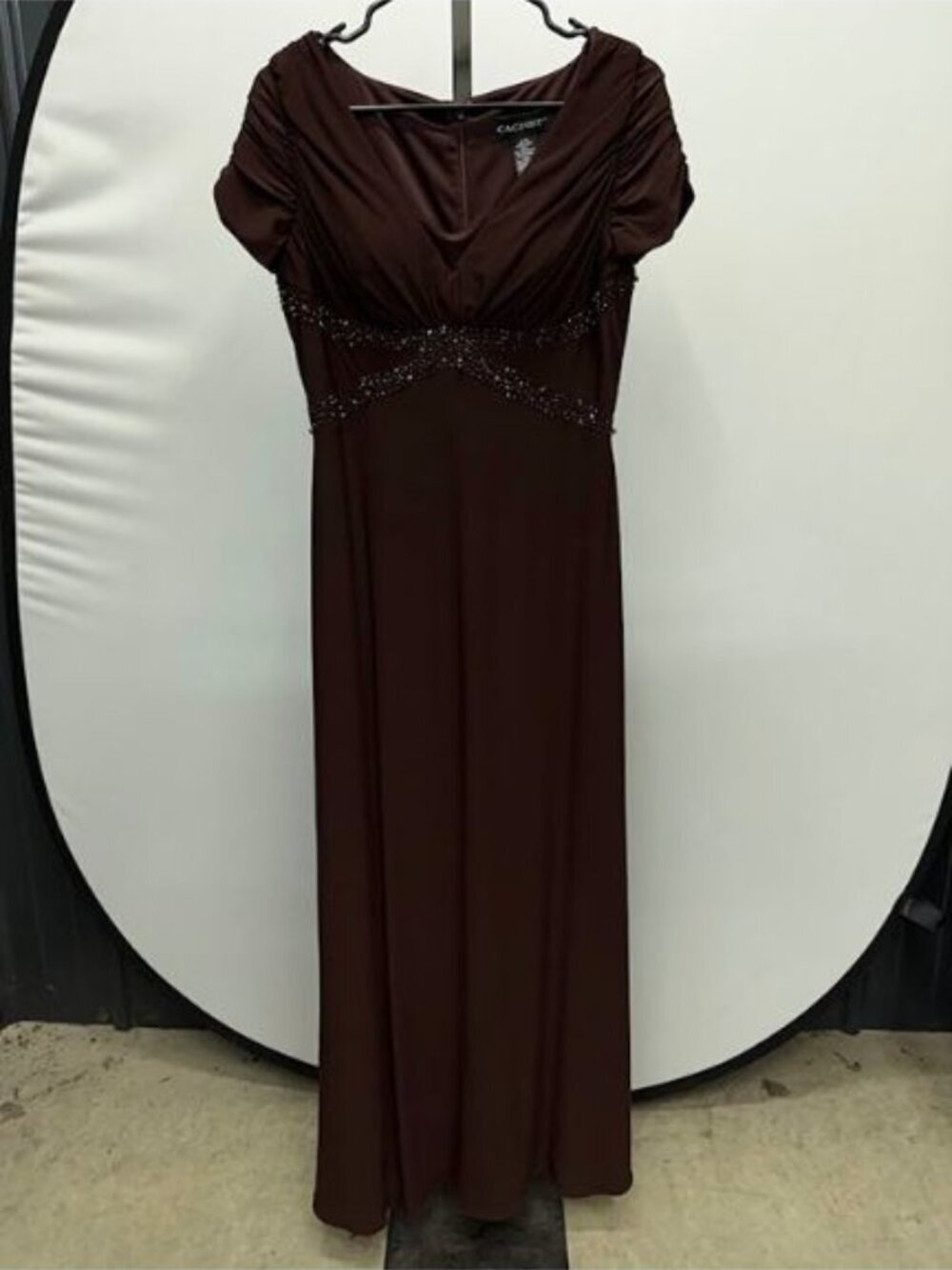 Cachet Vintage Brown Ruched Beaded Evening Dress